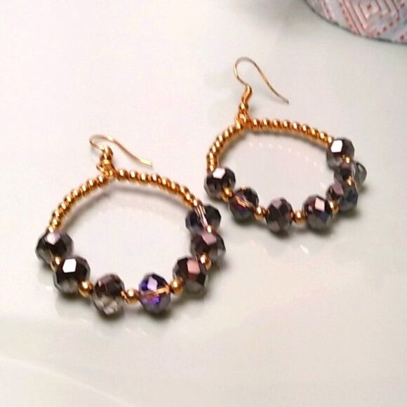 Dark Smokey Iridescent Beaded Teardrop Earrings - Picture 2 of 3